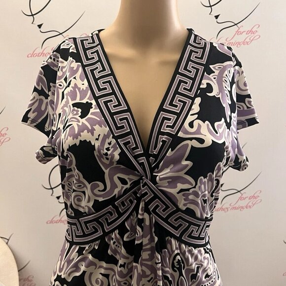 Apt 9. Sz PM.  Stretch Roman Key Border Tie Back Shift Sheath Purple. B114 - Picture 2 of 6